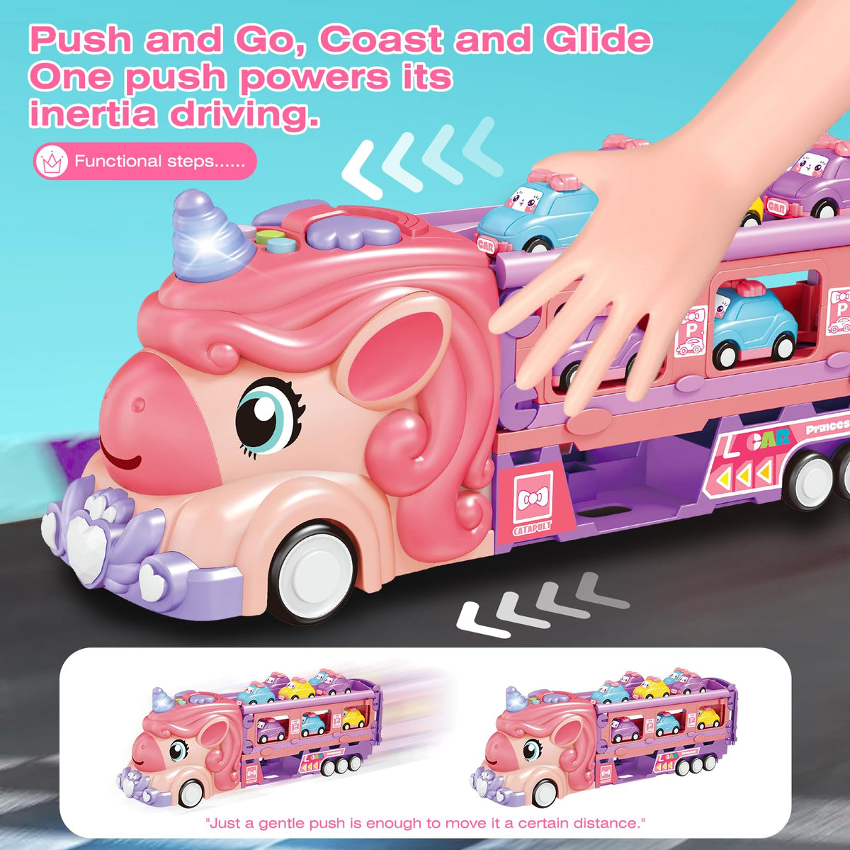 Dual-lane race track action with princess-style cars for imaginative play.