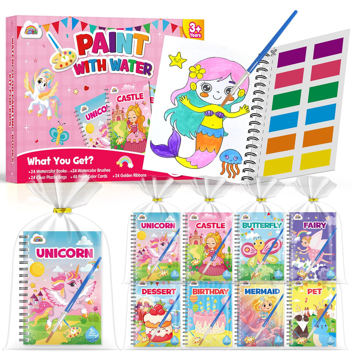 ZMLM 24 water coloring books bulk set shown for kids party favors with colorful mini art