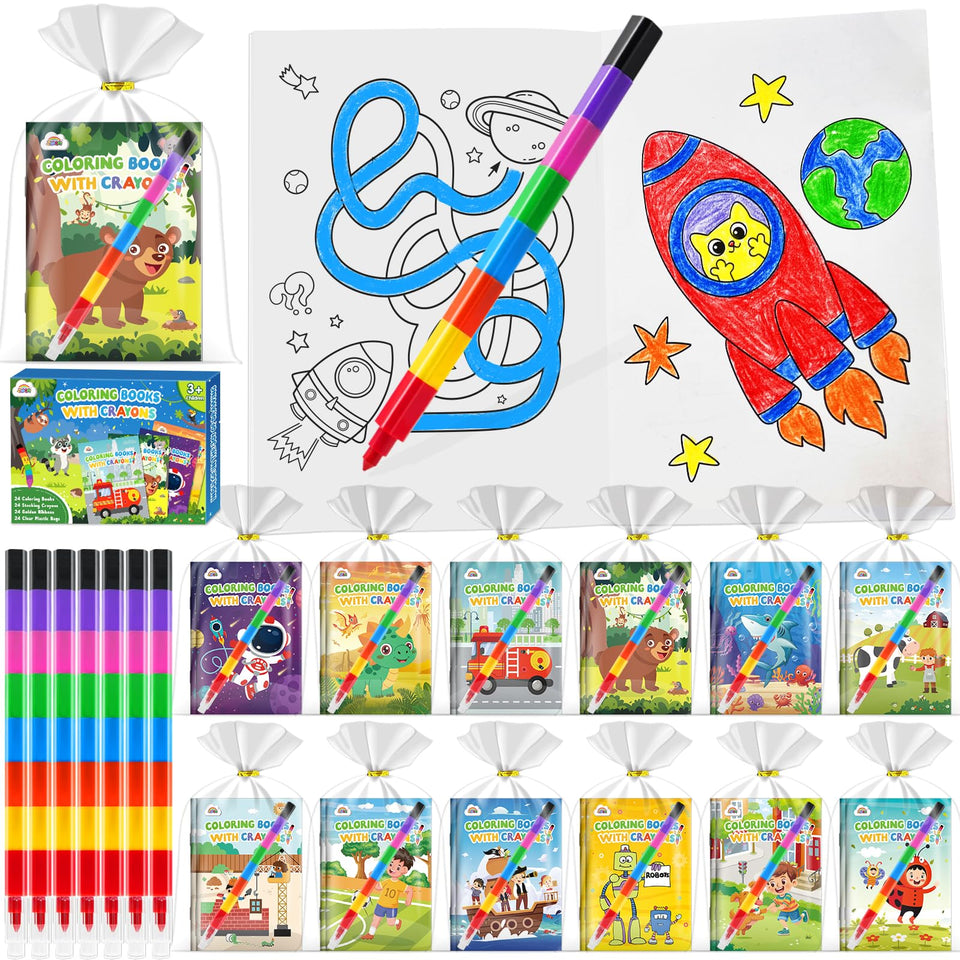 ZMLM coloring books with crayons 24-pack for kids, ideal party favors and classroom activities.