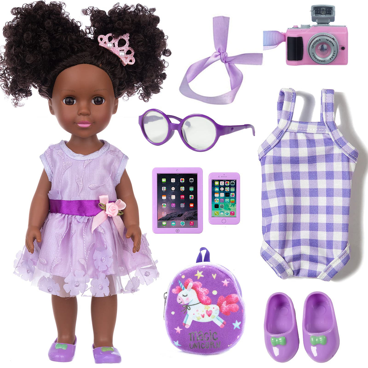 ZNTWEI 14.5-inch black doll front view for imaginative play.