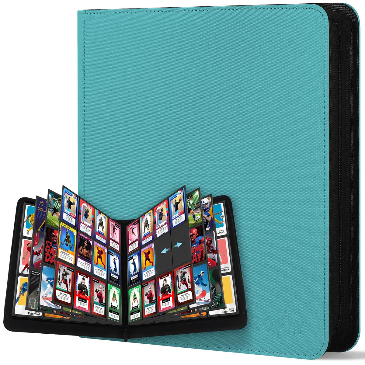 Zofly 12-pocket binder in teal front view with secure 720-card capacity for collectors.