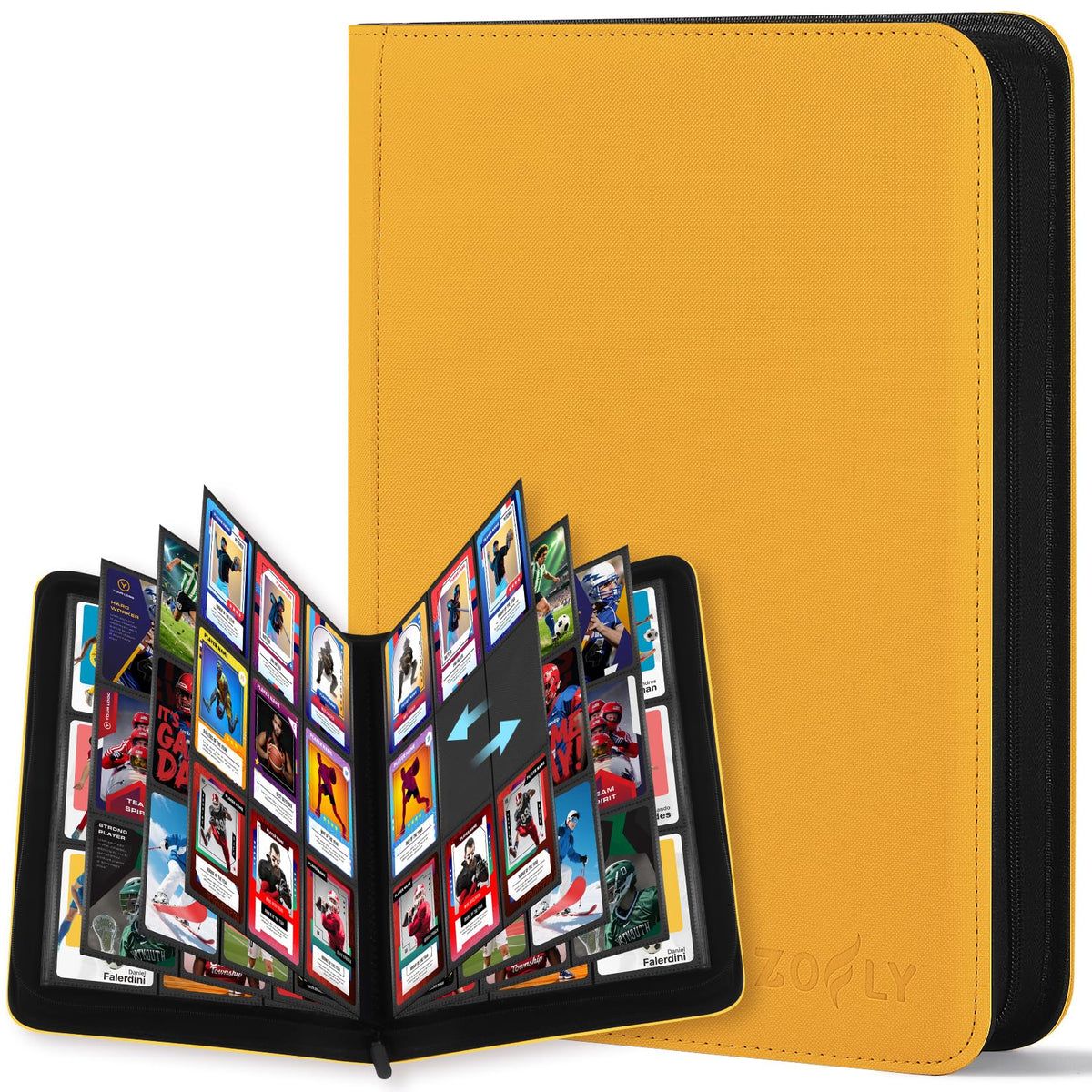Zofly 9-pocket card binder front cover in yellow offering durable leather-like protection for collections