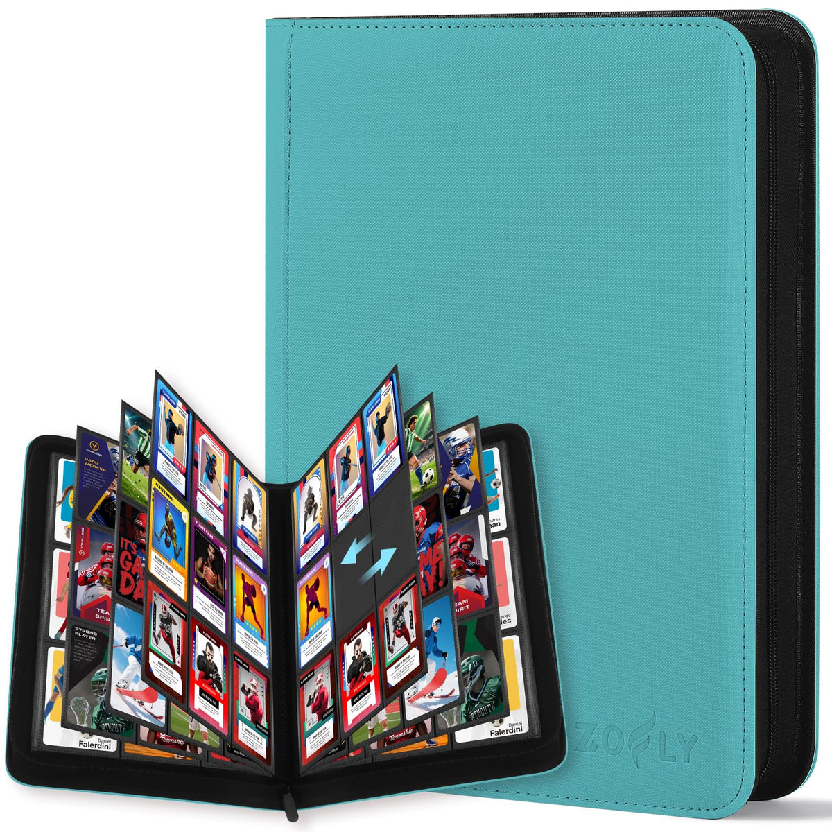 Zofly 9-pocket teal binder front cover showing a compact card storage solution