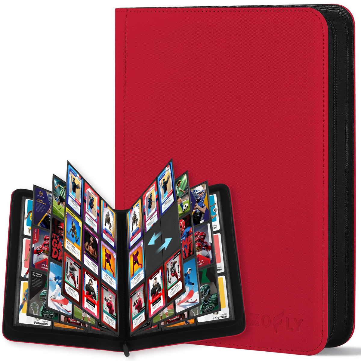 Zofly 9-pocket trading card binder front view with red cover, ready for organized card storage.