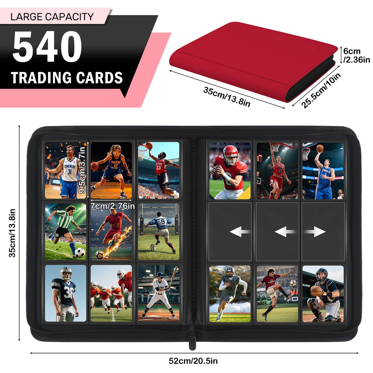 Zofly binder interior pages with side-loading sleeves for secure card placement.