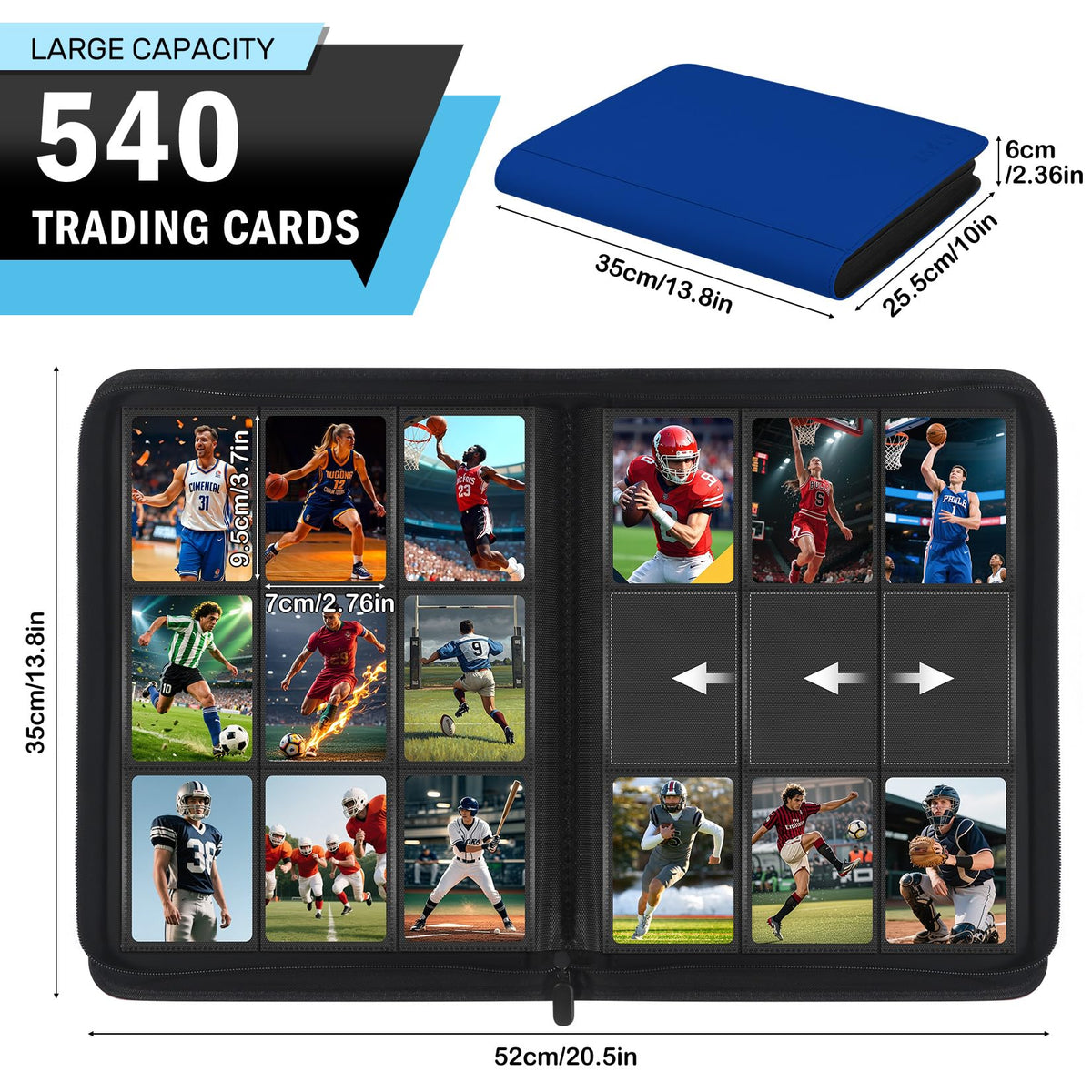 Zofly blue 30-pages side-loading pages enable easy, secure card insertion.