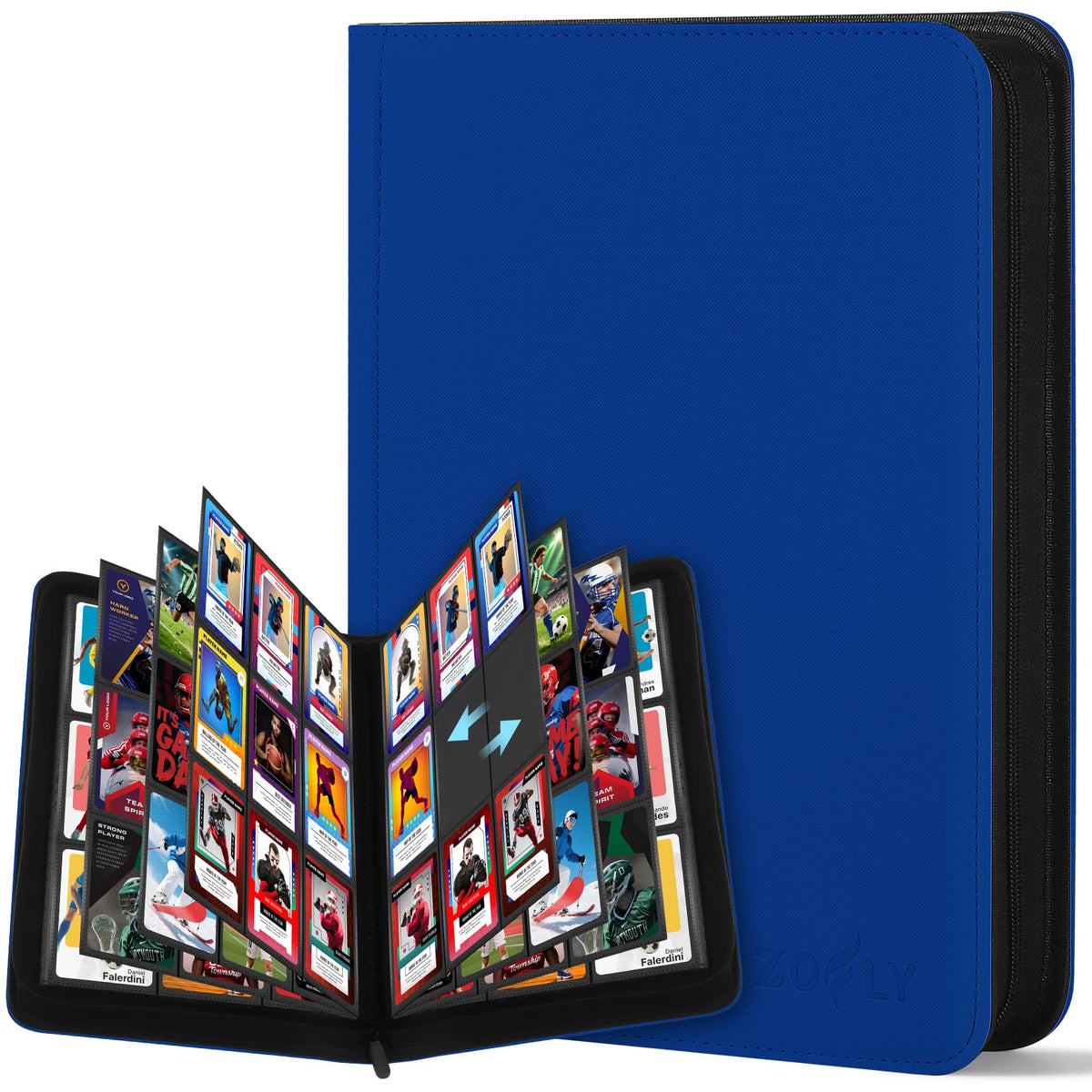 Zofly blue 9-pocket binder front cover, premium texture protects cards and showcases collections.