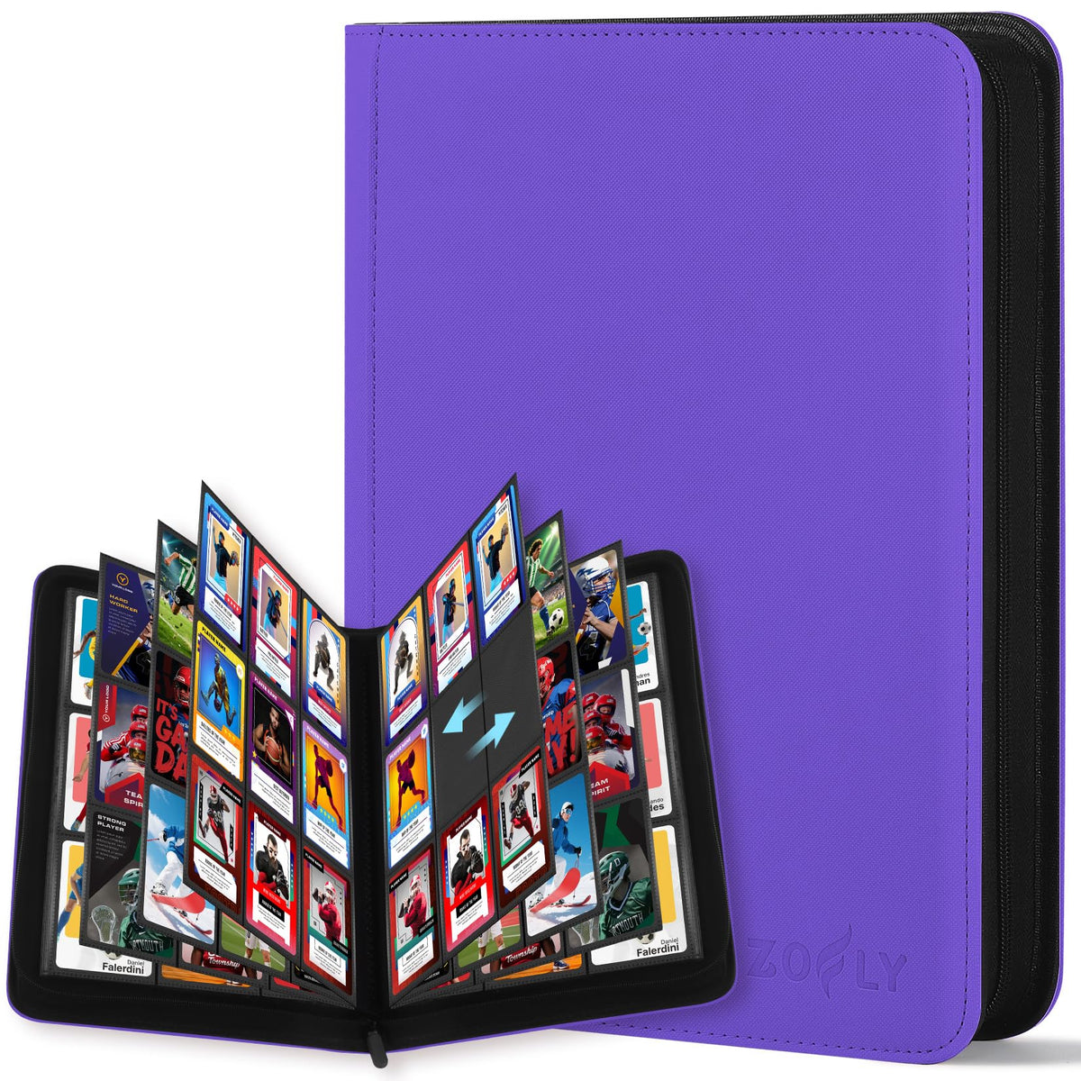 Zofly 9-pocket binder front cover in purple provides durable protection for on-the-go card storage.