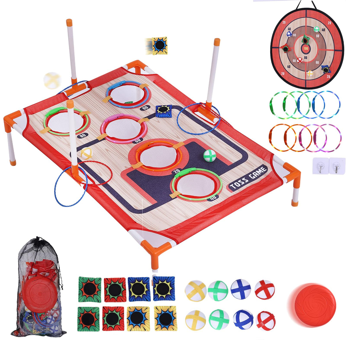 ZoLLa 5-in-1 bean bag toss set with wall target for backyard family fun and active play.