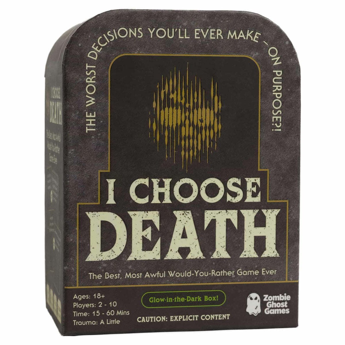 Zombie Ghost Games I Choose Death glow-tombstone box enhances late-night party vibes.