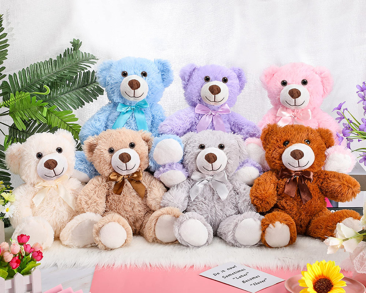 Zomiboo 7-pack plush bears in colorful bows, ideal for gifts and playful home decor.