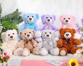 Zomiboo 7-pack plush bears in colorful bows, ideal for gifts and playful home decor.
