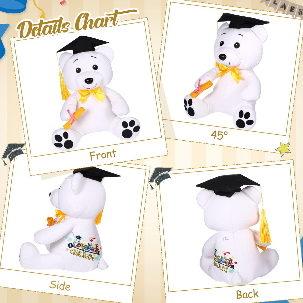 Side view of the Zomiboo bear highlighting plush texture and white fabric.