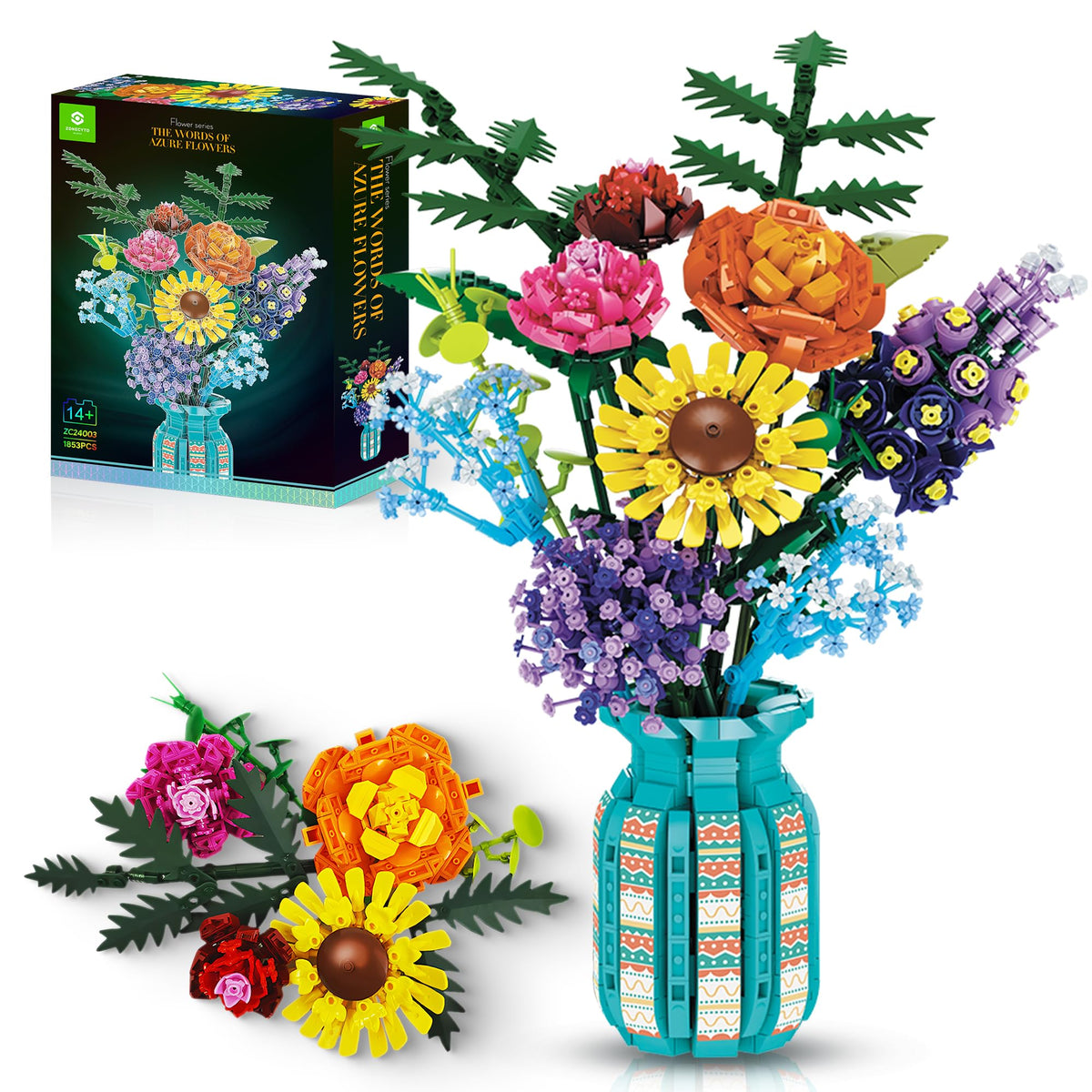 ZONECYTD flowers bouquet bricks with vase for elegant living room display.