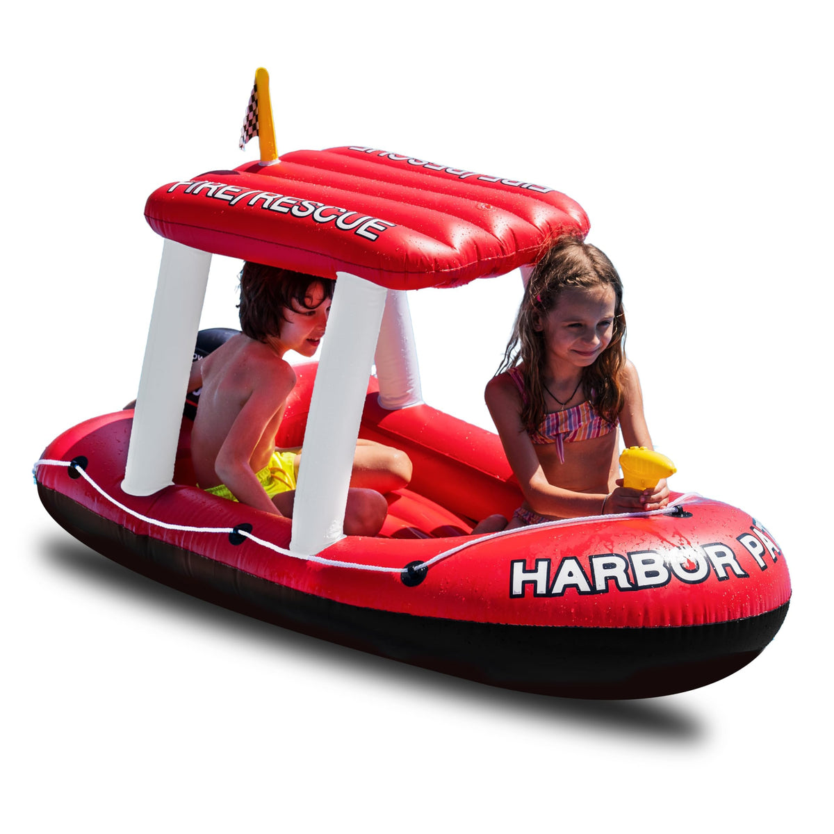 ZONETECH Fire Boat red inflatable for imaginative pool play and cooling spray.