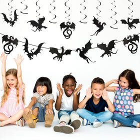 Zonon dragon birthday banner display adds a bold party backdrop.