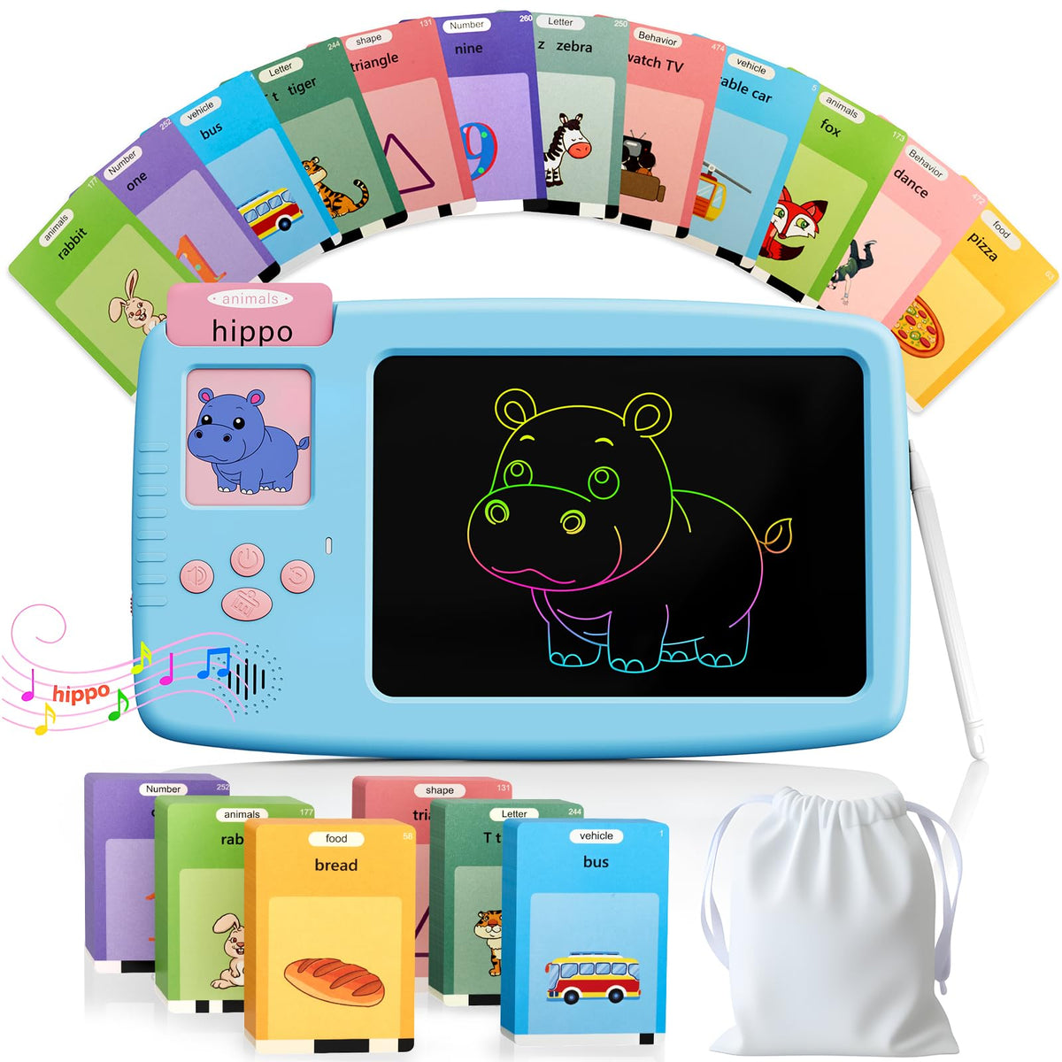 ZONSTVYS talking flash cards on a 7-inch screen encourage active vocabulary building.