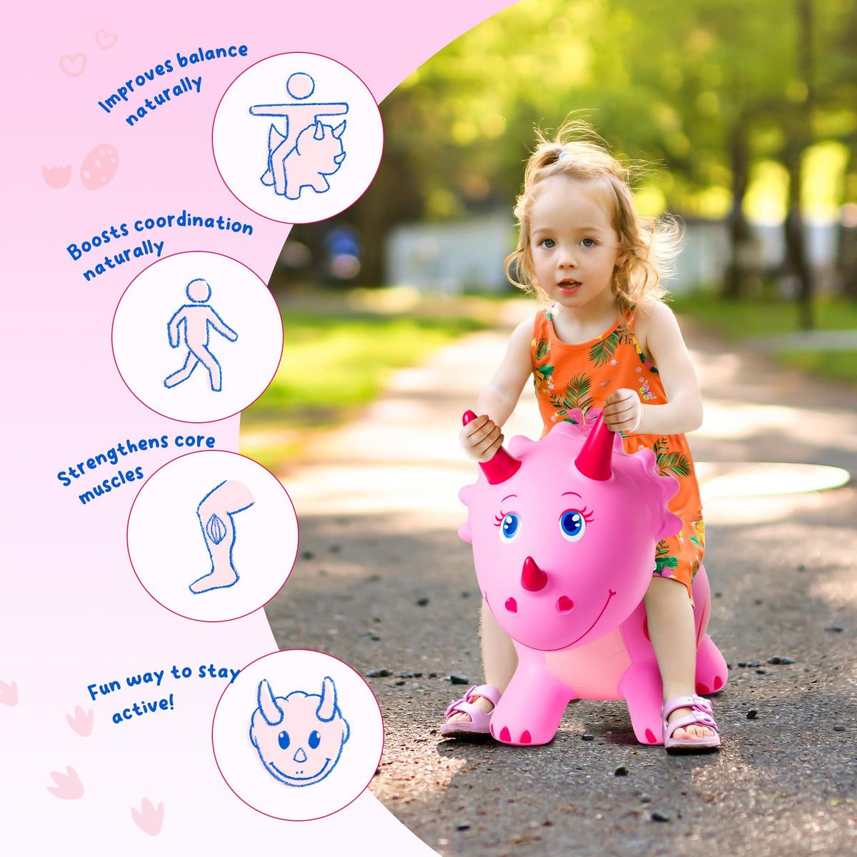 ZOOJOY Dinosaur Bouncy Horse anti-slip base supports stable indoor play.