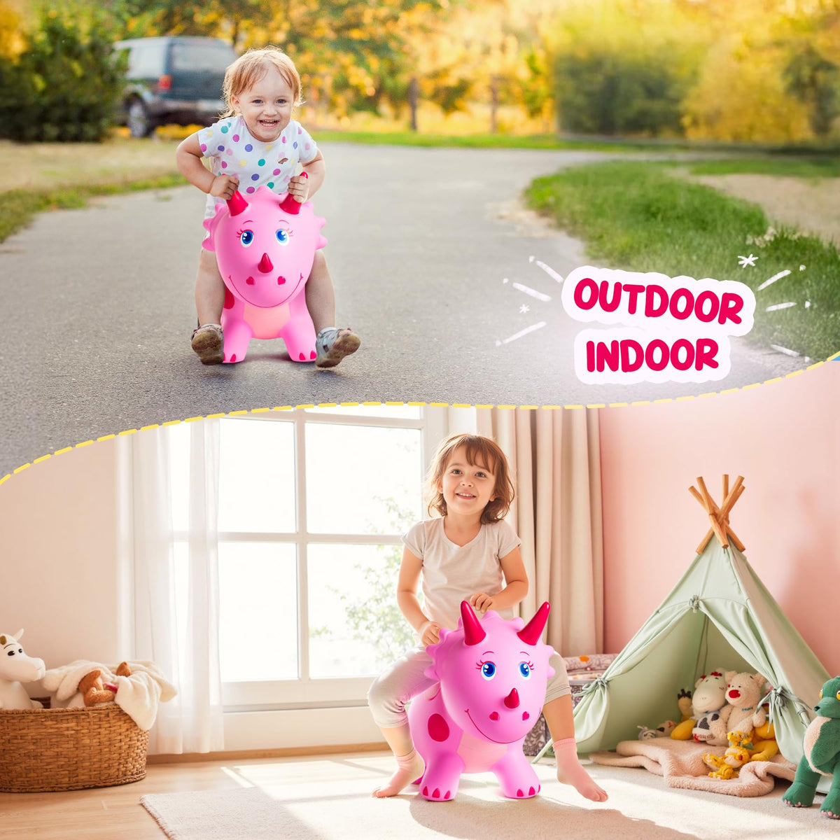 ZOOJOY Dinosaur Bouncy Horse easy-grip handles aid secure riding.