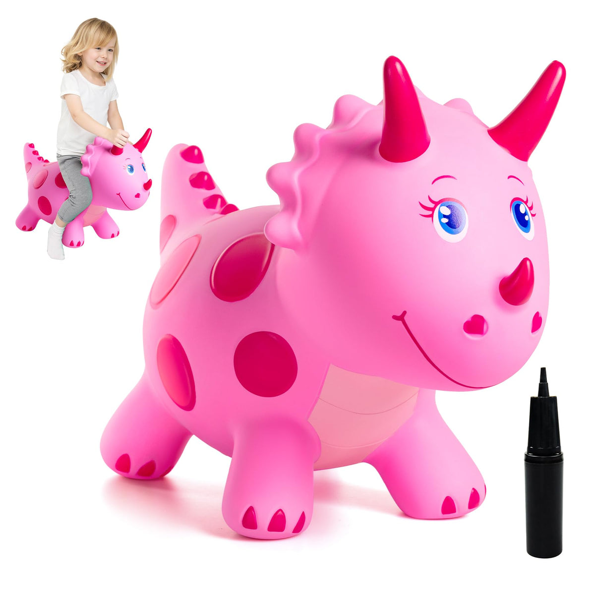 ZOOJOY Dinosaur Bouncy Horse front view with safety handles for toddlers.