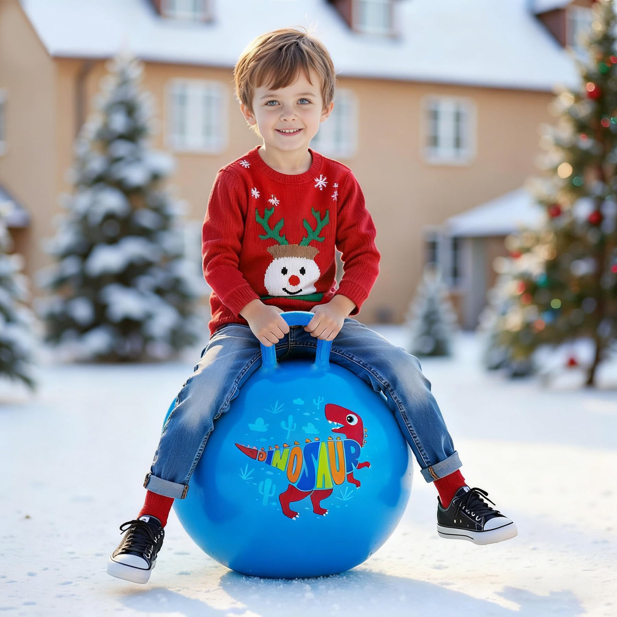 ZOOJOY blue dinosaur toy aids balance and coordination during bouncing.