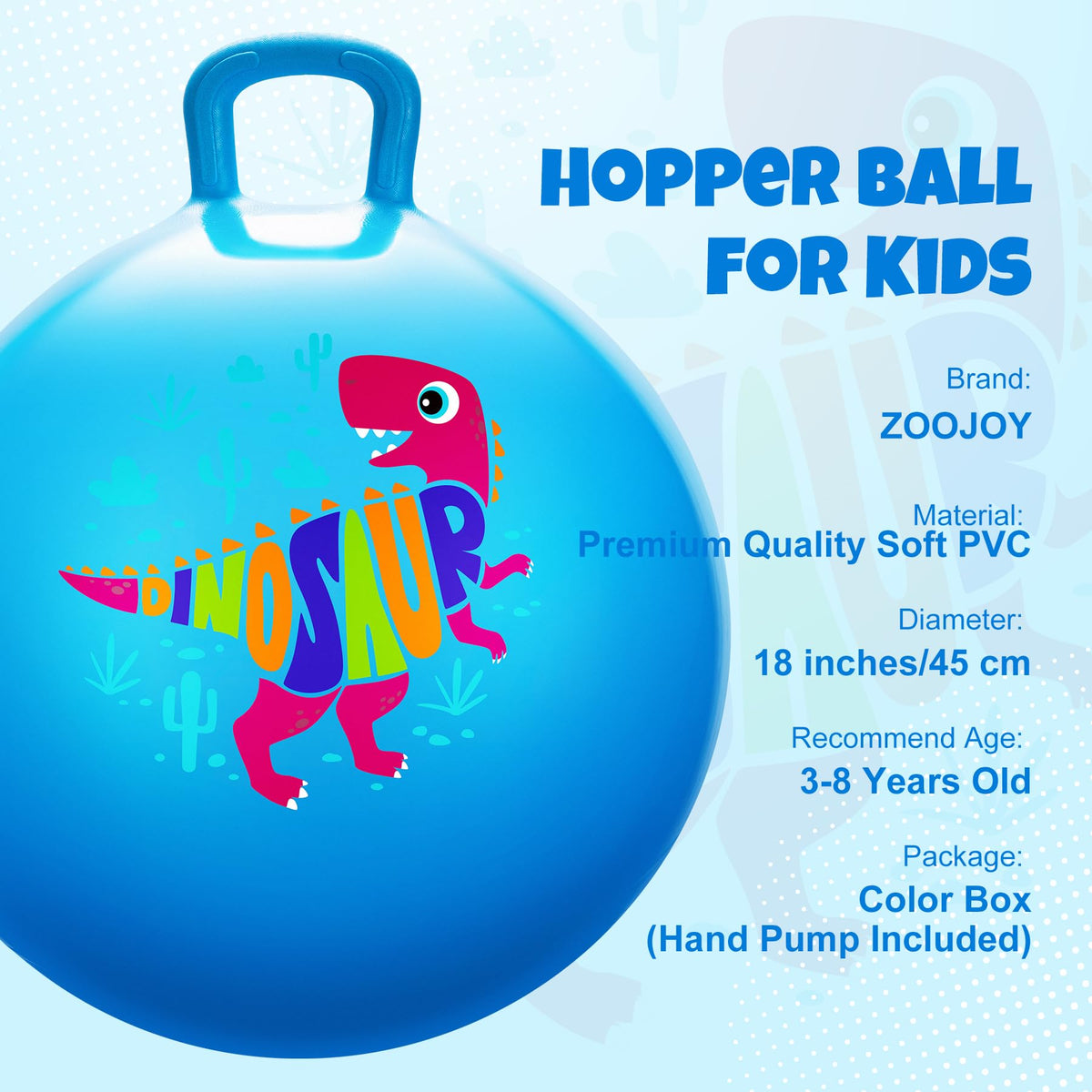ZOOJOY blue dinosaur hopper ball shows secure handle for safe bouncing.