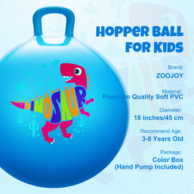 ZOOJOY blue dinosaur hopper ball shows secure handle for safe bouncing.