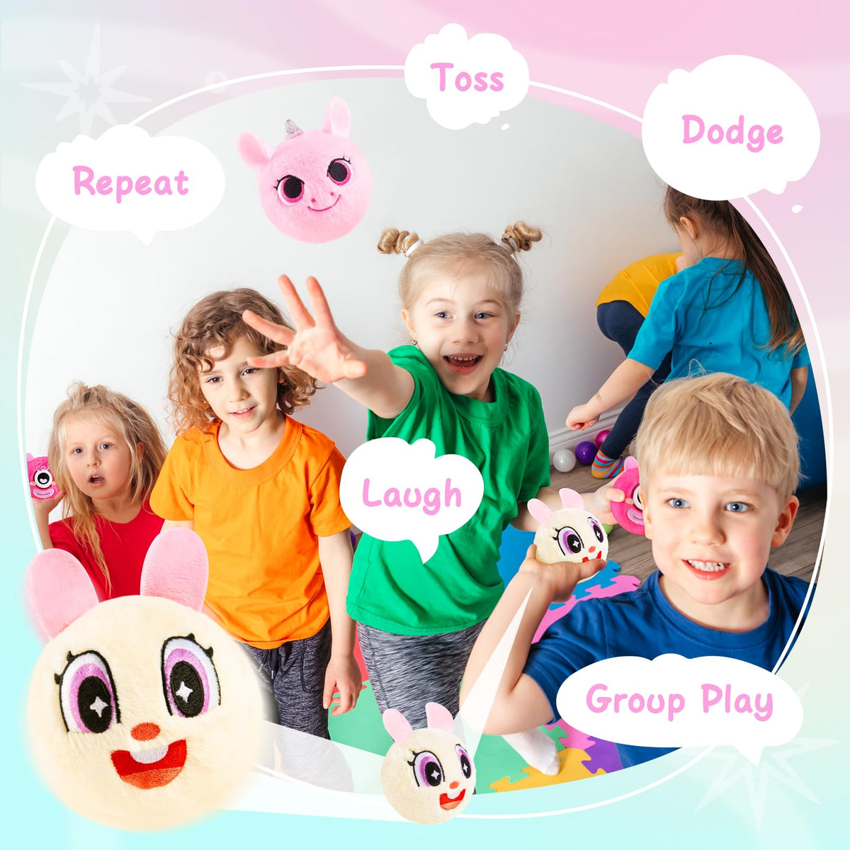 ZOOJOY kids playing bounce indoors with plush balls.