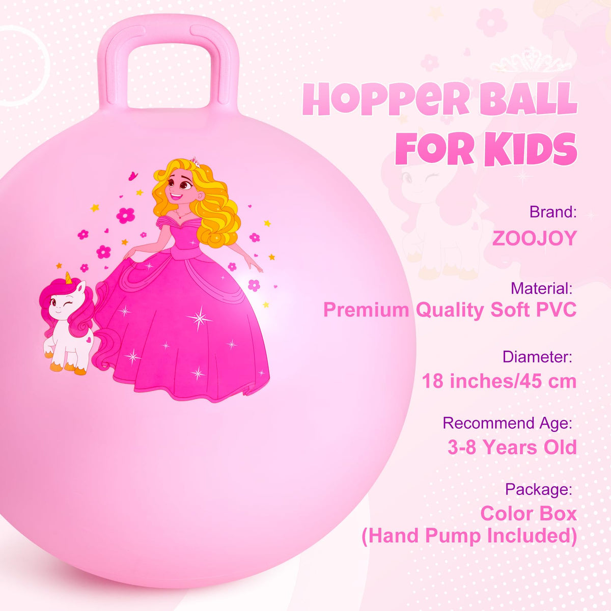 ZOOJOY Princess Hopper Ball handle detail shows secure grip for safe bouncing.