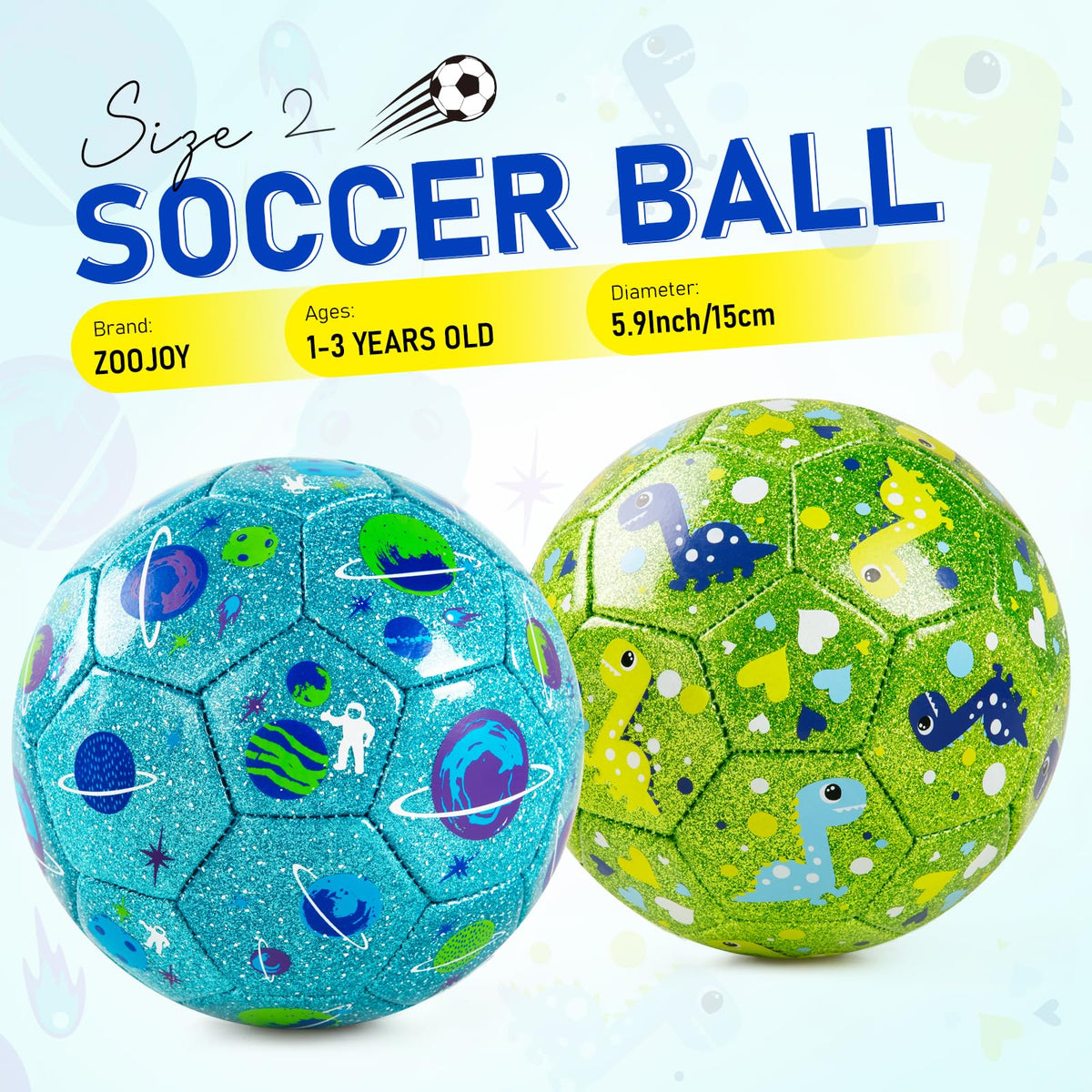 ZOOJOY Soccer Ball Size 2 with blue planet glitter for active indoor play.