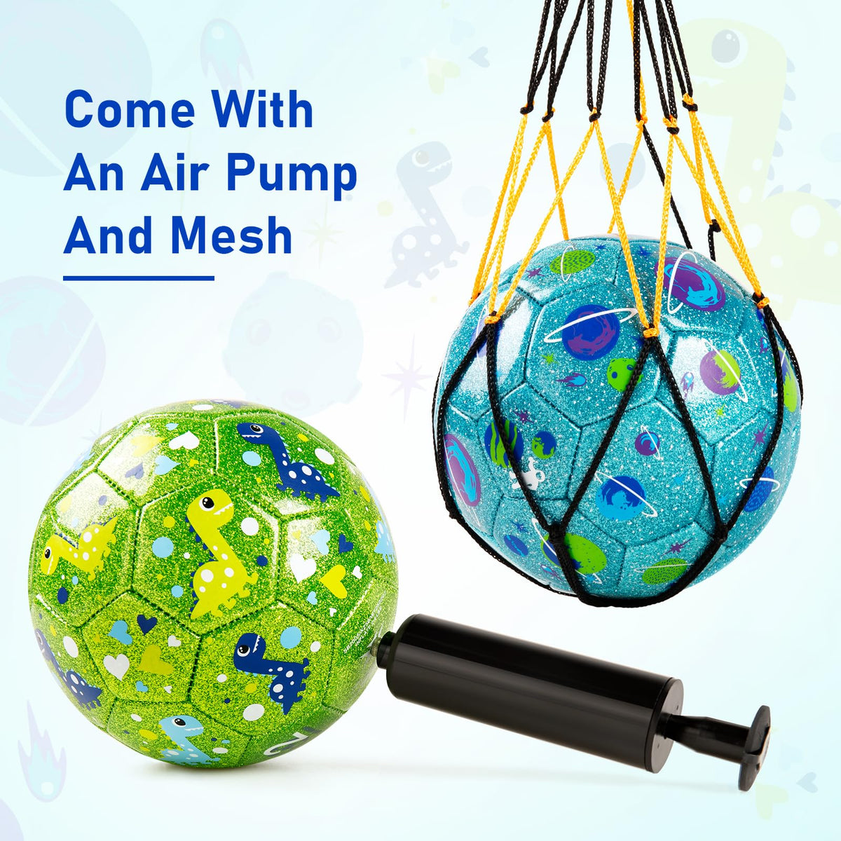 ZOOJOY Soccer Ball Size 2 blue planet glitter in mesh bag for easy transport.
