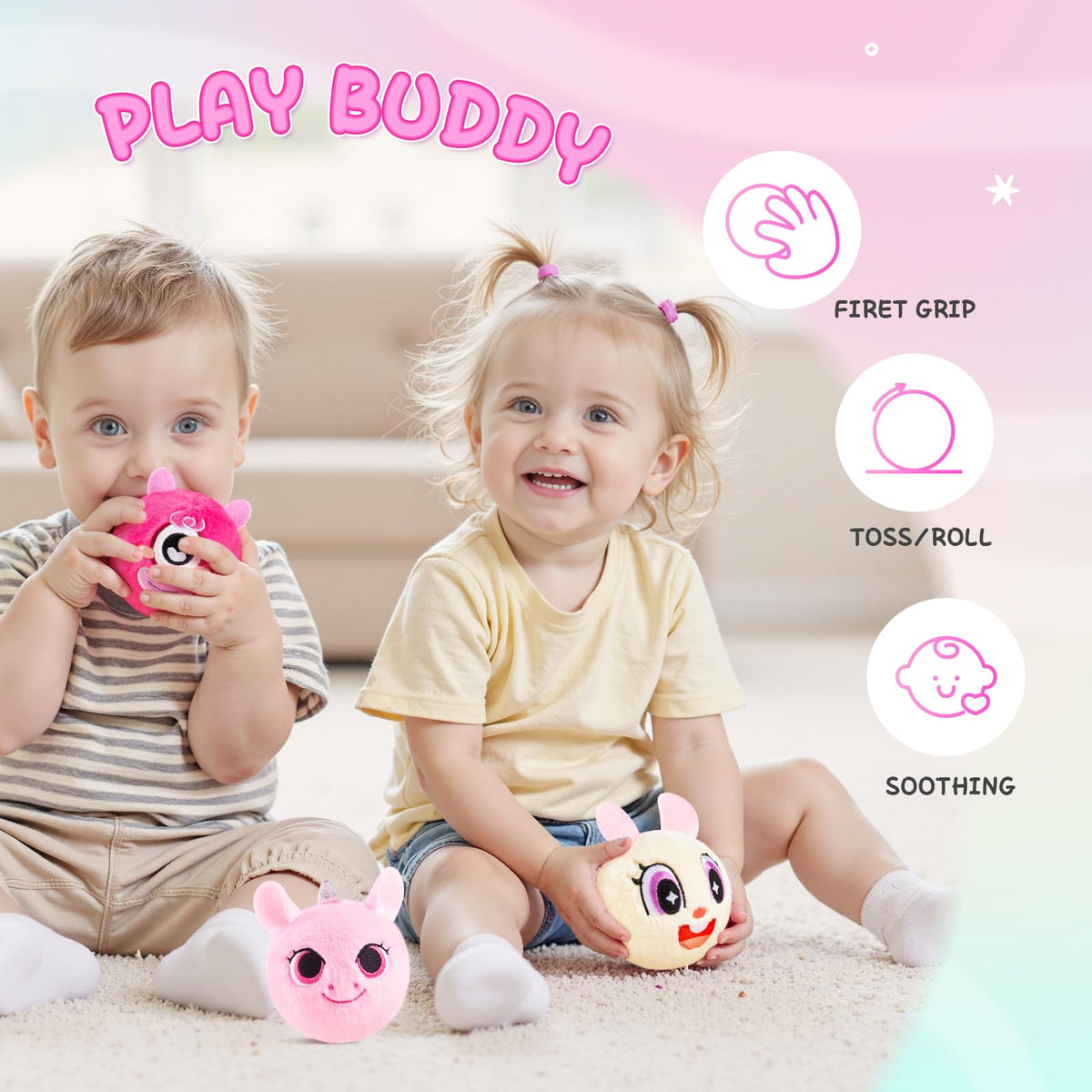 ZOOJOY trio of plush bouncy balls – unicorn, bunny, and monster designs.
