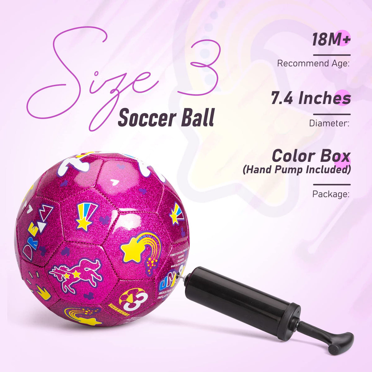 ZOOJOY unicorn glitter surface soccer ball with high visibility for kids.