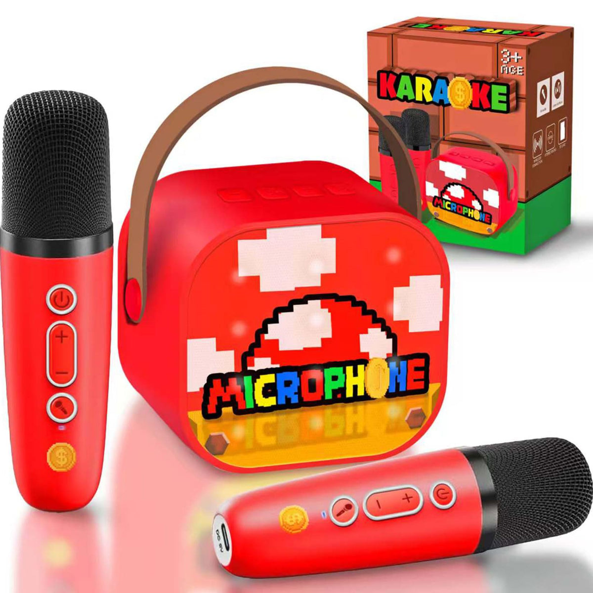 Zosxi Pixel Super Bro karaoke machine front view for kids' party entertainment.