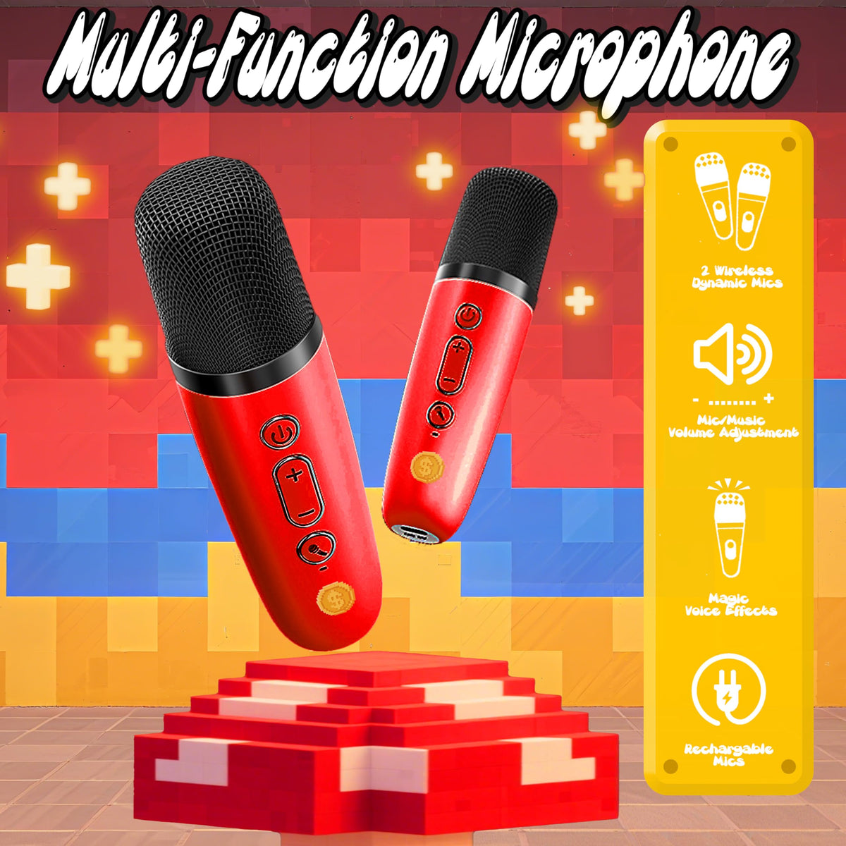 Two wireless microphones included with the Zosxi Pixel Super Bro for duets.