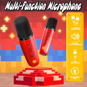Two wireless microphones included with the Zosxi Pixel Super Bro for duets.