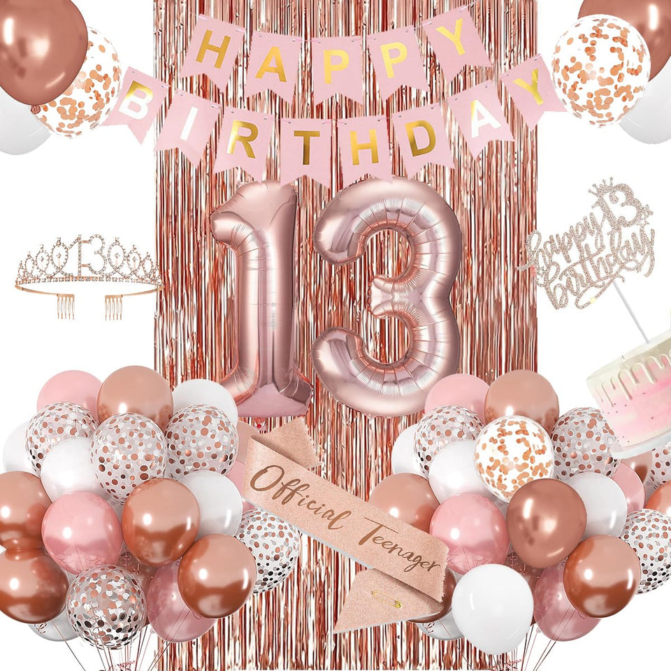 ZPPMZQR rose gold 13th birthday banner creates a glamorous entrance.