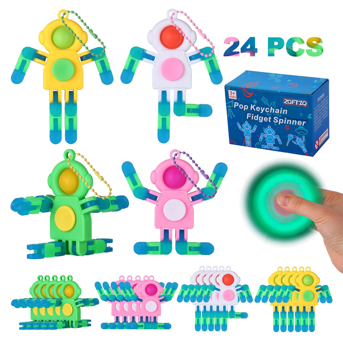 ZQFTZQ 24Pcs Pop Fidget Spinners glow-in-the-dark astronaut keychain for kids.