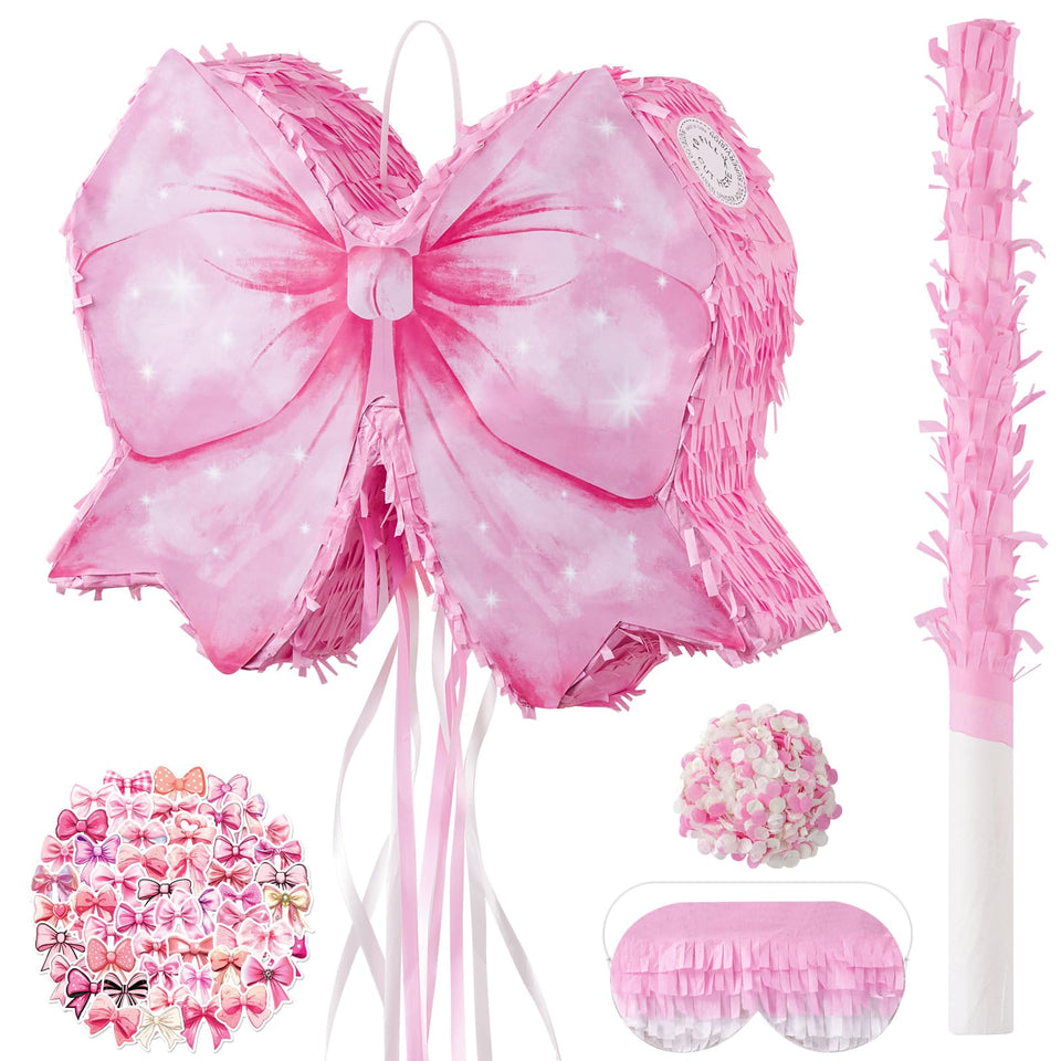 ZRUNBO Pink Bow Piñata front view, stylish centerpiece for themed girl parties.
