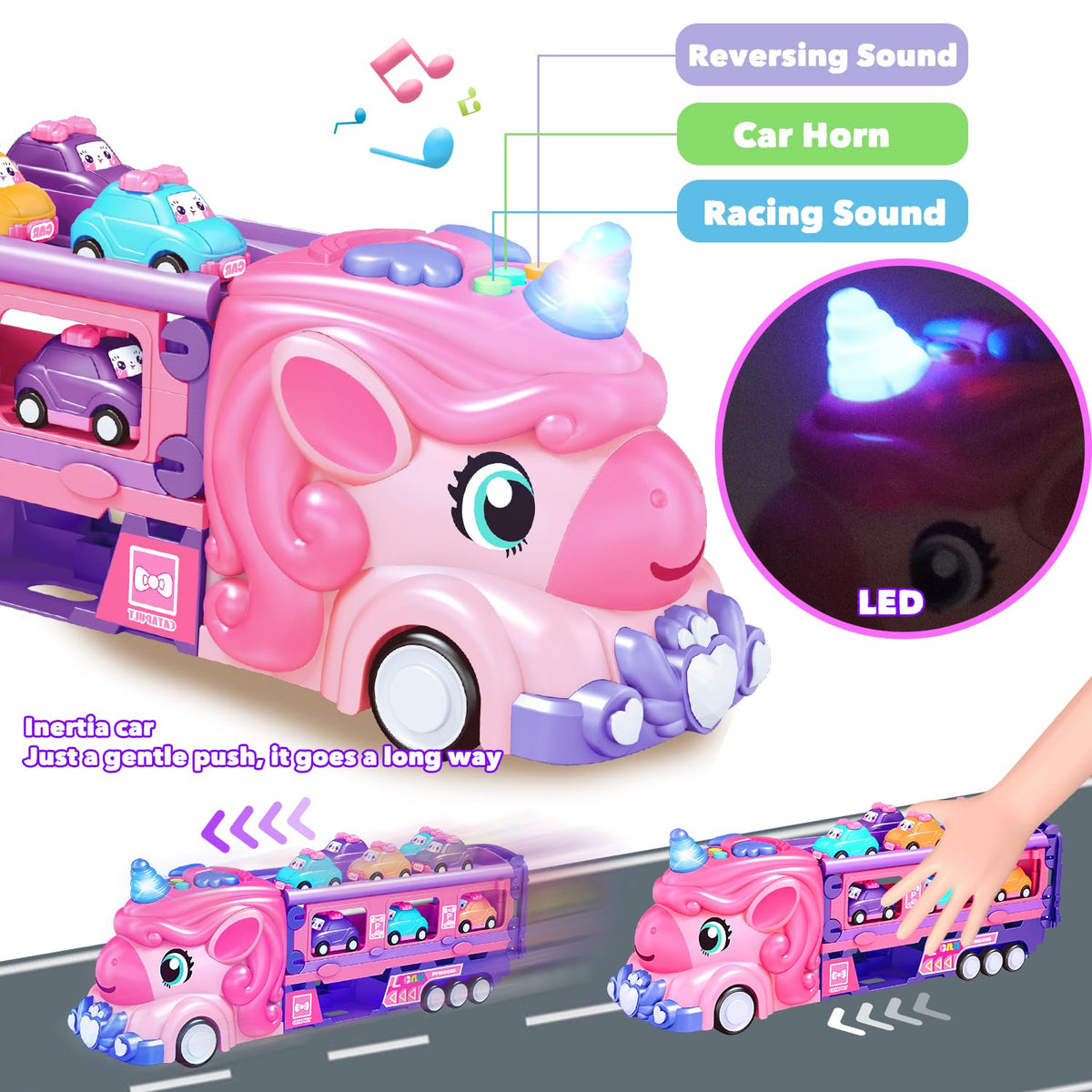 ZSHKG Unicorn Truck horn sounds with soft lights enhance play.