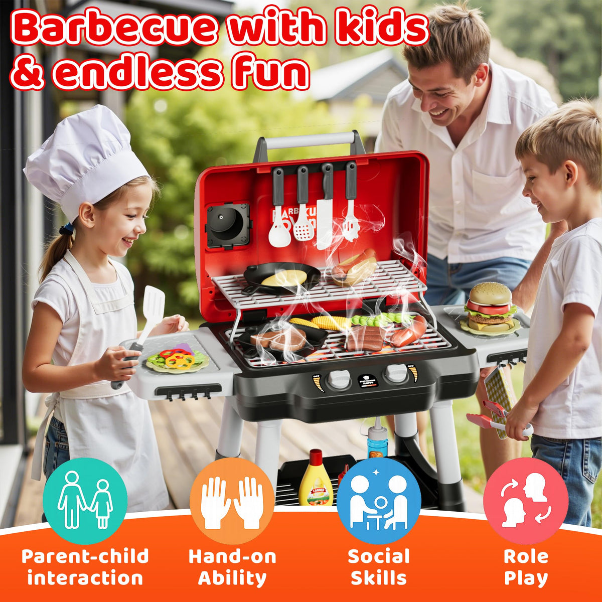 Zsinb Kids Grill sizzle sound enhances outdoor pretend meals.