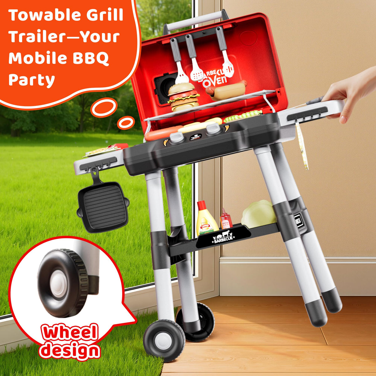 Zsinb Kids Grill wheels allow easy movement indoors or outdoors.