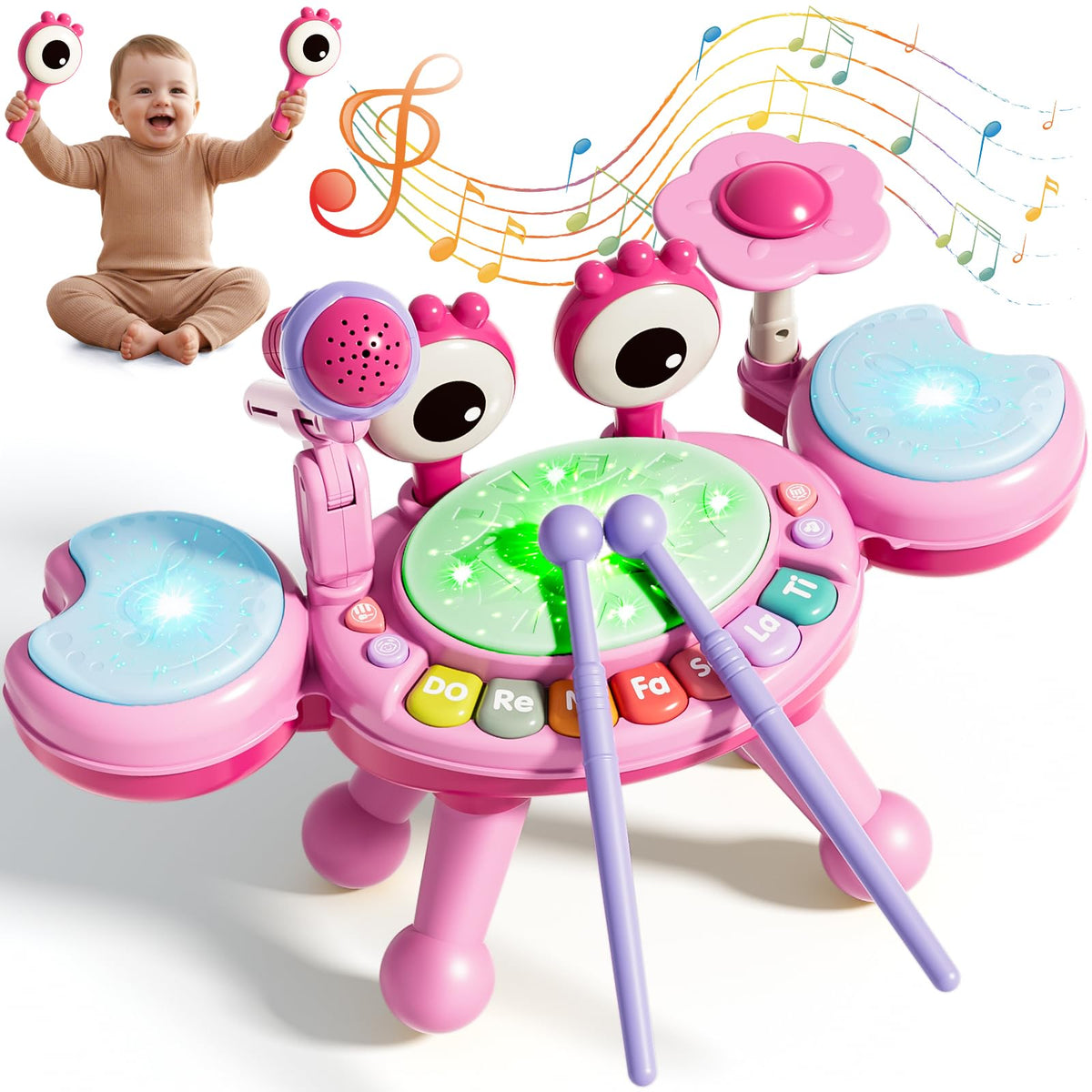Zsinb toddler drum set pink front view encourages early rhythm exploration and interactive play