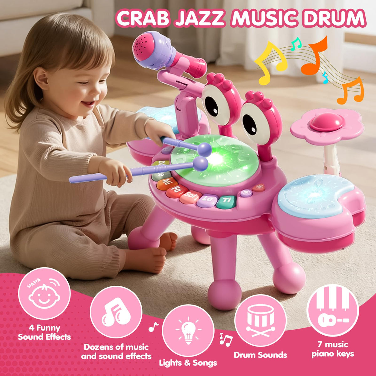 Zsinb pink drum set with light-up microphone boosts dramatic play and music-inspired imagination