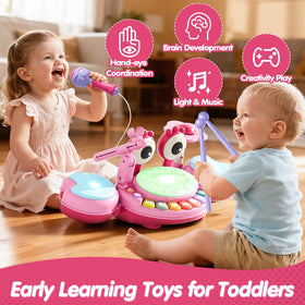 Zsinb pink drum set includes 4 instrument modes, 7 songs, and 7 FX