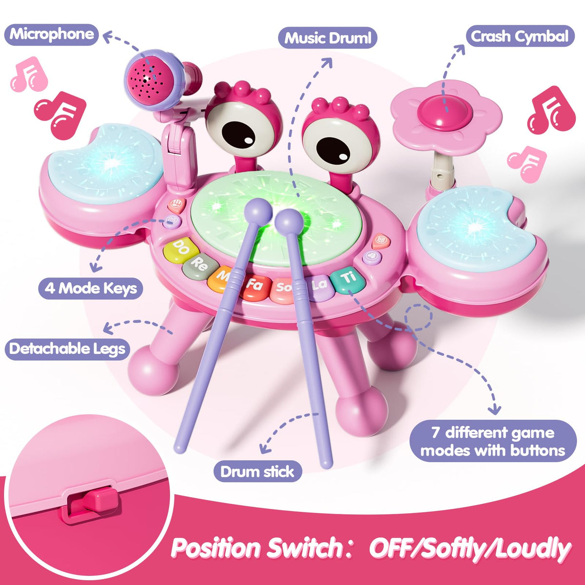 Zsinb pink drum set features wiggly-eye sticks for rattling sounds and tactile engagement