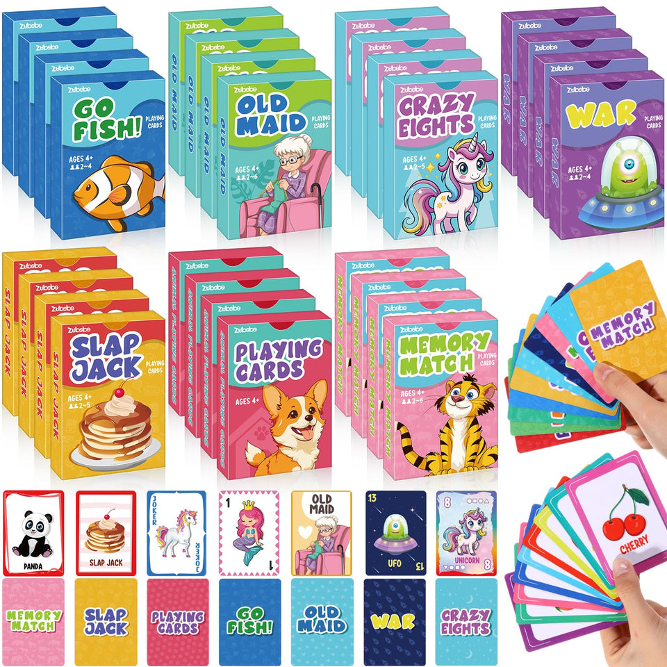 Zubebe 14-pack kids card games set, 14 decks, ideal for family game night and learning through play