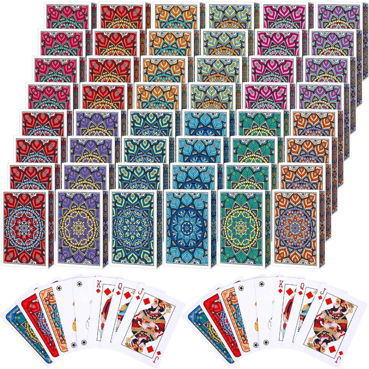 Zubebe mandala-back decks in vibrant colors, ideal for lively game nights.