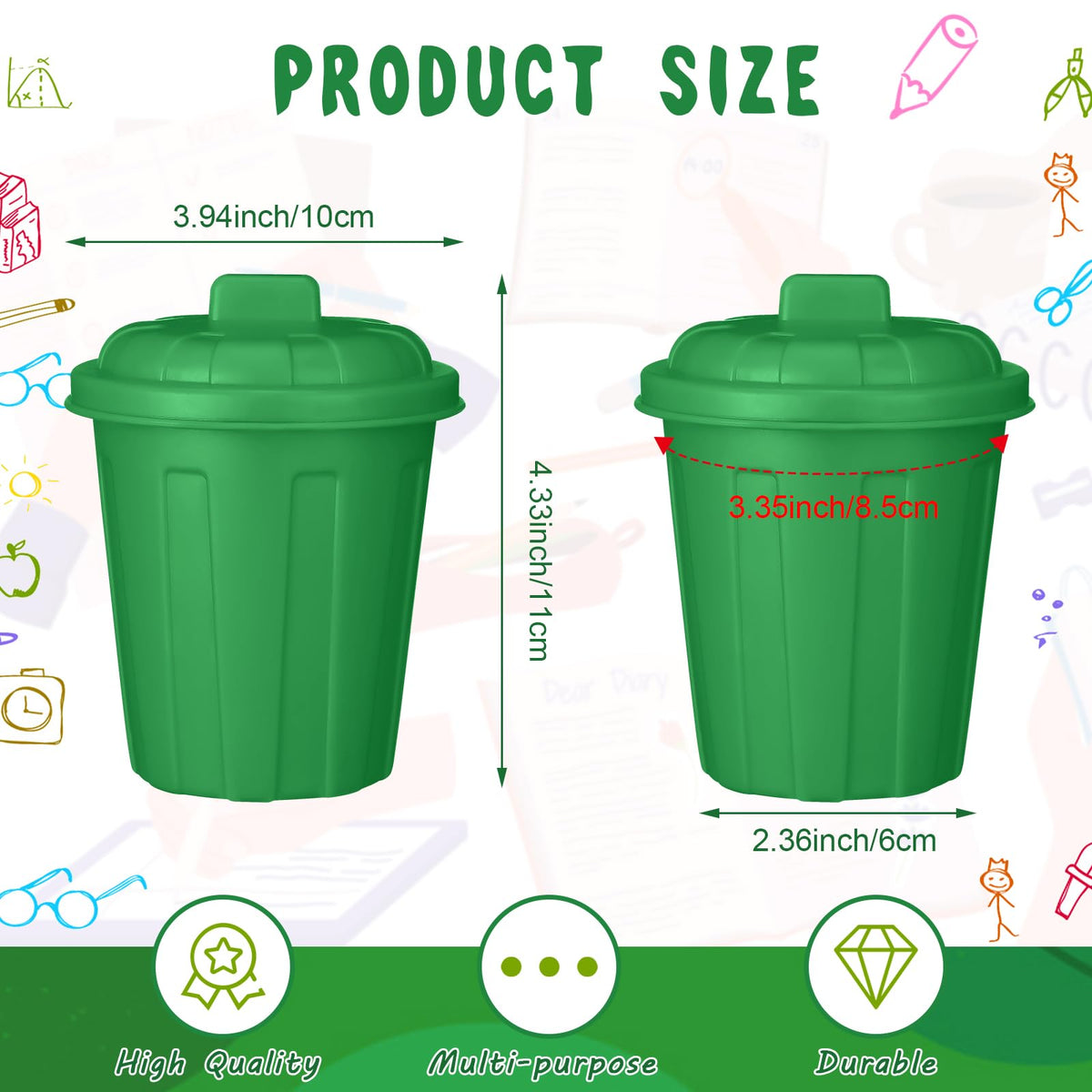Zubebe green mini trash can lid on desk showing durable construction.