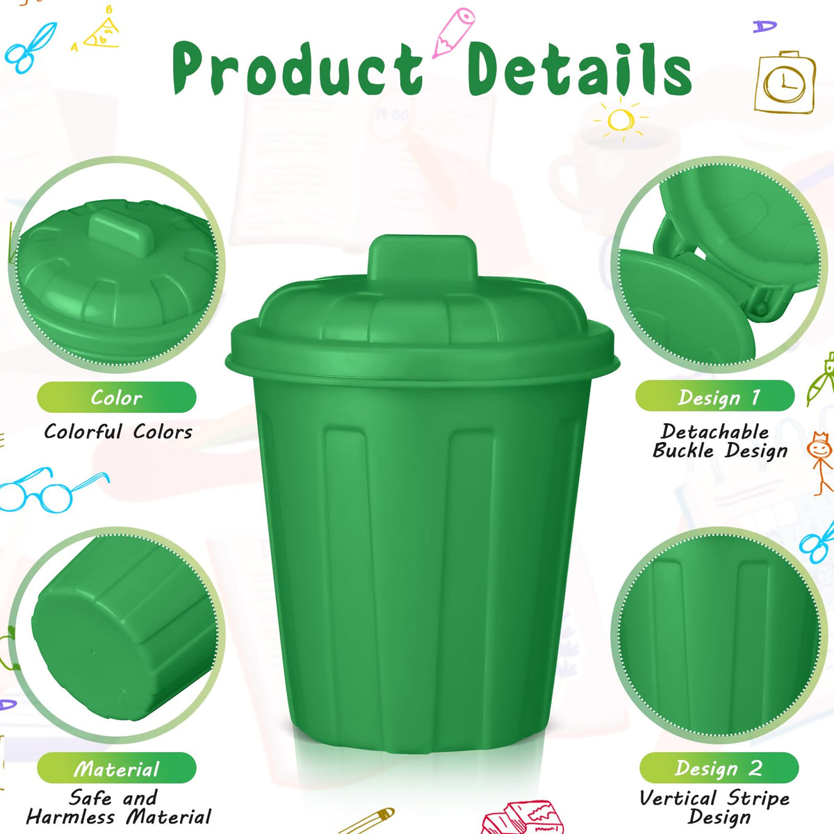 Zubebe green mini trash can on a desk promotes organization.